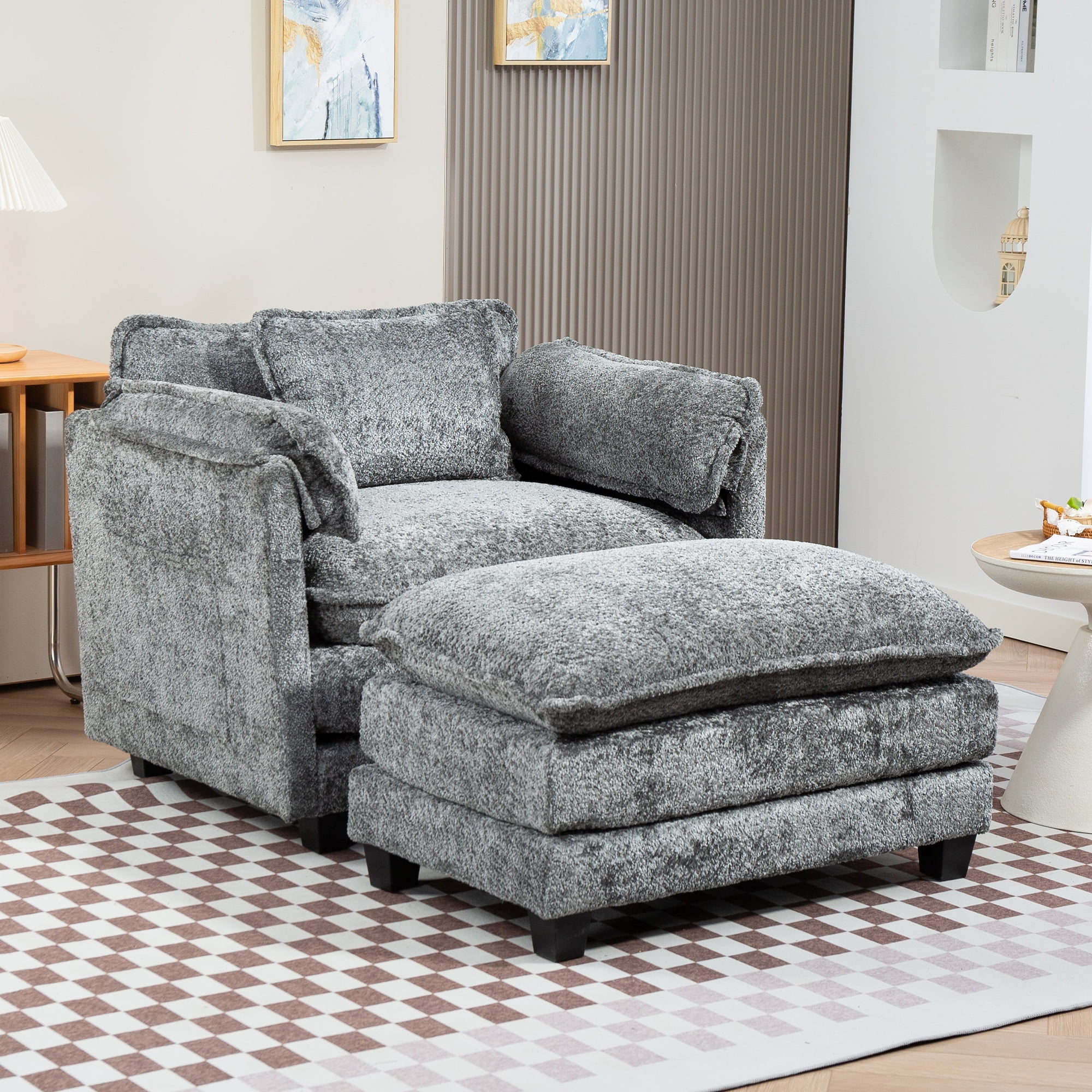 Miniyam 55" x 39.76" Luxury Oversized Boucle Sofa Bed with Ottoman, Single Seater, Double Deep Cushion & Thick Armrests for Living Room, Bedroom, Dark Grey