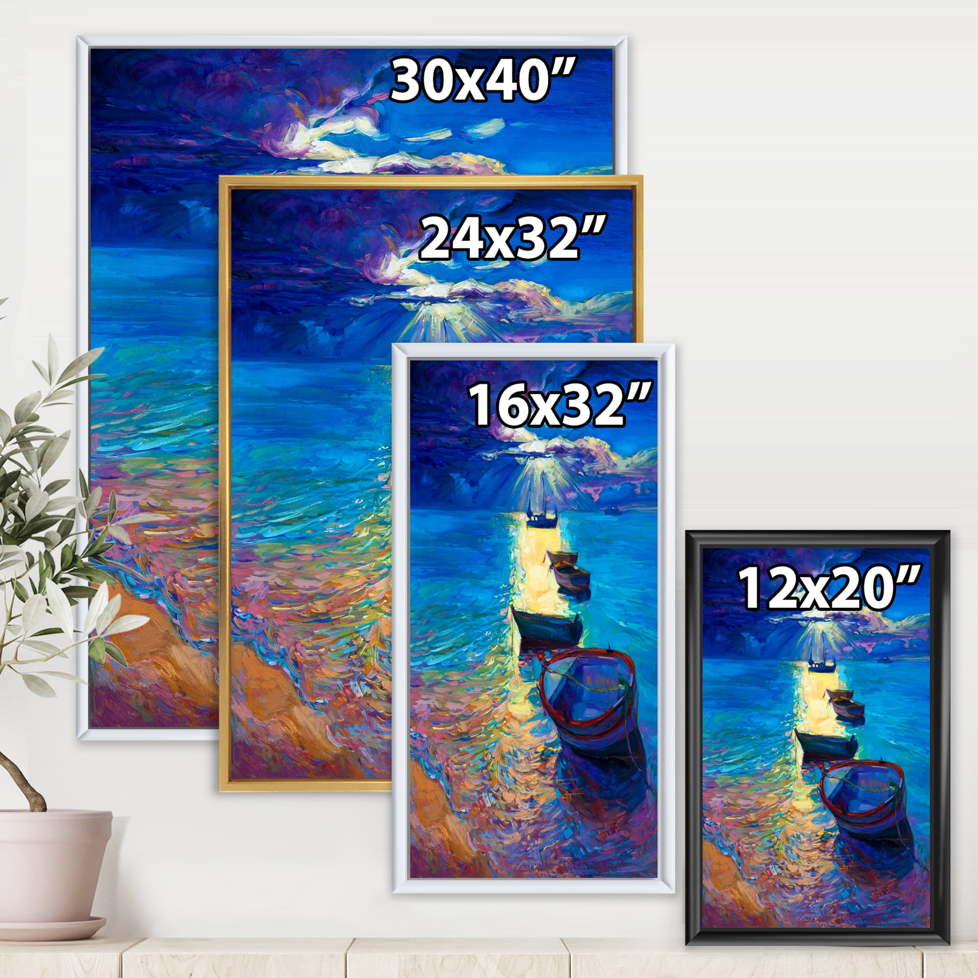 Designart 'Fishing Boats On The Water With Dark Blue Sky Illustration' Lake House Framed Canvas Wall Art Print