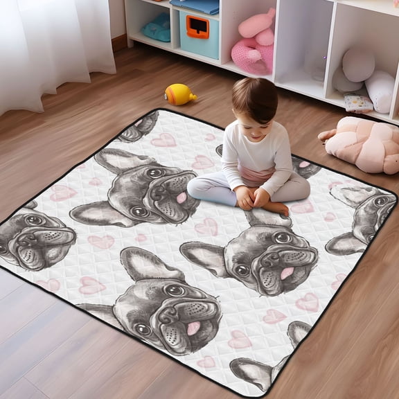 WOBOGO Adorable French Bulldog Faces Pattern Baby Playmats Extra Large Waterproof Rollable Activity Pads for Toddlers 50×50inch
