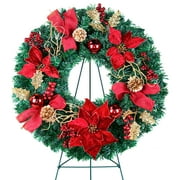 Artificial Wreath on 30" Easel - Red Poinsettias & Gold Pinecones