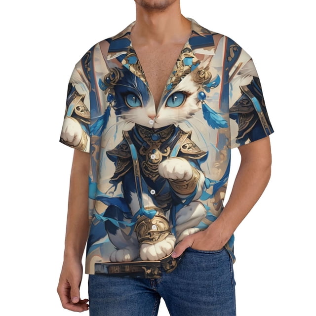 Fotbe Exotic Blue Cat Camisa Estampada de Manga Corta para Hombre, Casual de Verano, Estilo Playero, Sin Arrugas-Medium