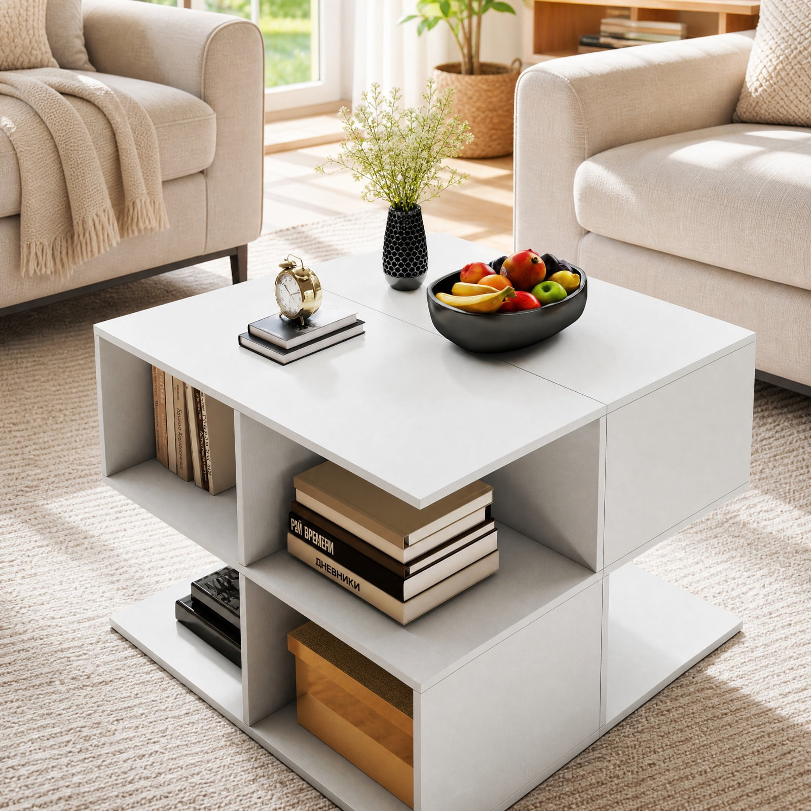 Furnibear 3 Tier S Shaped End Table with 4 Storage Cubes and Spacious Tabletop for Living Room Sofa Side and Bedroom, White