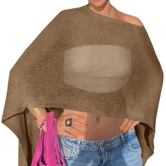 Sewkxo Women Sheer Poncho Top Knit Crochet Lightweight See Through Shawl Summer Shrug Beach Cover Up,Camel One Size