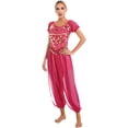 thumbnail image 4 of IEFIEL Womens Belly Dance Performance Costume Outfit Sparkly Sequins Lace-up Back Crop Top with Harem Pants Dancewear Hot Pink XL, 4 of 7