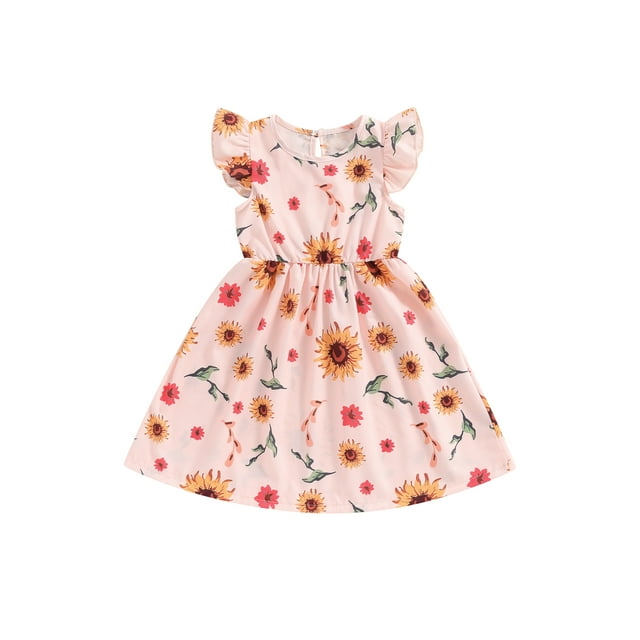 EYIIYE Robe Midi d'Été pour Petite Fille 1T-8T, Robe Trapèze à Manches Volantées pour Tout-Petit, Imprimé Floral, Col Rond, Robe Décontractée, Col Rond, Robe de Princesse à Fleurs pour Fête, Mode pour Enfants, Vêtements Mignons pour les Vacances