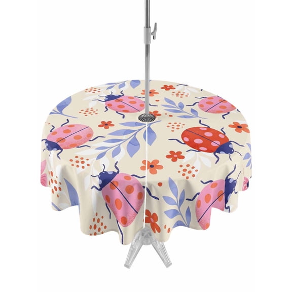Outdoor Tablecloth with Umbrella Hole for Patio/Picnic/Party/Camping, Pink Ladybugs Waterproof Table Cloth Round Cover Washable, Rustic Daisy Flowers Leaves Pastoral Beige (Dia 60")