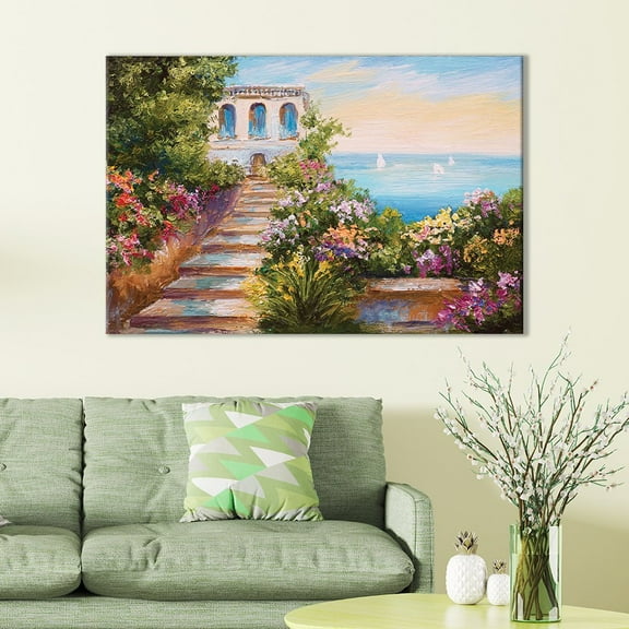 wall26 Canvas Wall Art of European Villa Overlooking Ocean Oil Painting | 12" x 18"