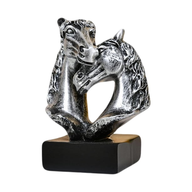 Figura de cabeza de caballo doble, escultura artística de resina, artesanía, adorno de escritorio único Negro Plata