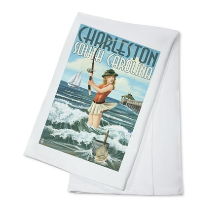 Charleston, South Carolina - Pinup Girl Surf Fishing - Lantern Press Artwork (100% Cotton Kitchen