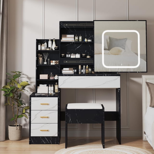 QinaQin Bedroom Dressing Table with Led Mirror, 4 Drawers, Charging Port and 3-Color Adjustable Lighting