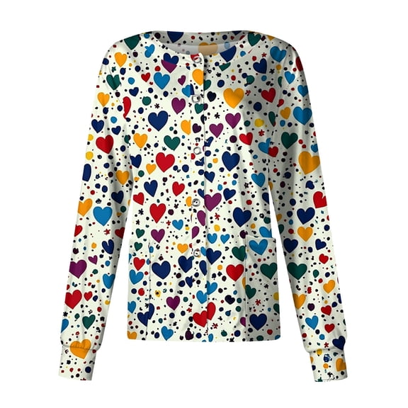 Valentine's Day Scrub Jackets for Women Long Sleeve Button Down Nursing Uniform Cute Print Medical Workwear Jacket with Pockets 2026 Yellow S