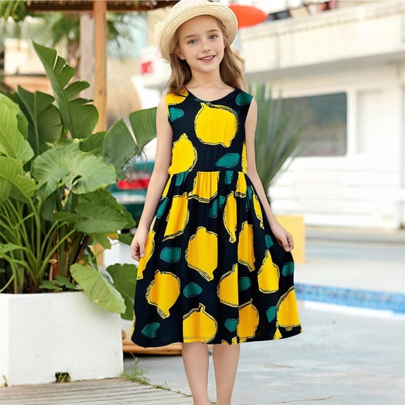 SGFCWSX Girls Casual Swing Dress Graphic Print Sleeveless A-Line Summer Midi Sundress Black Size 8-9 Years