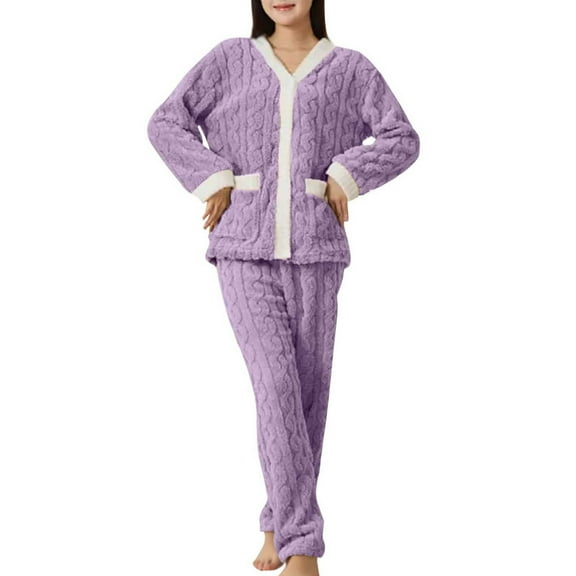 Riecok Womens Fleece Pajama Sets V Neck PJ Set Long Sleeve Tops and Elastic Waist Pants Solid Cozy Soft Sleepwear