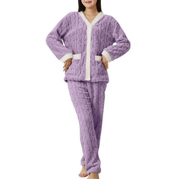 hoksml Women's Solid Color Winter Fleece Pajama Set with Pockets Soft Coral Fleece Thermal Sleepwear Elastic Waistband