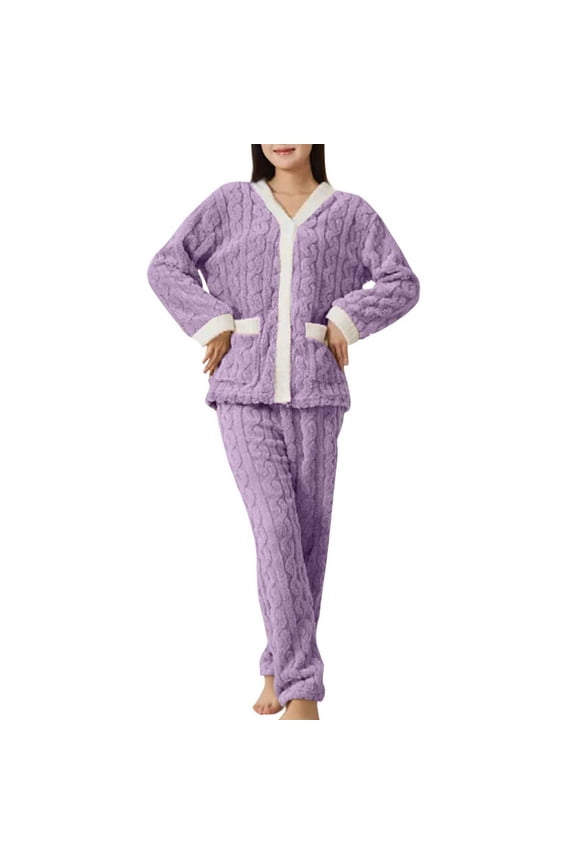 Fall Pajamas Women Fluffy Pajamas Set Fleece Pullover with Wide Leg Pants 2 Piece Pjs Set Soft Plush Winter Outfits