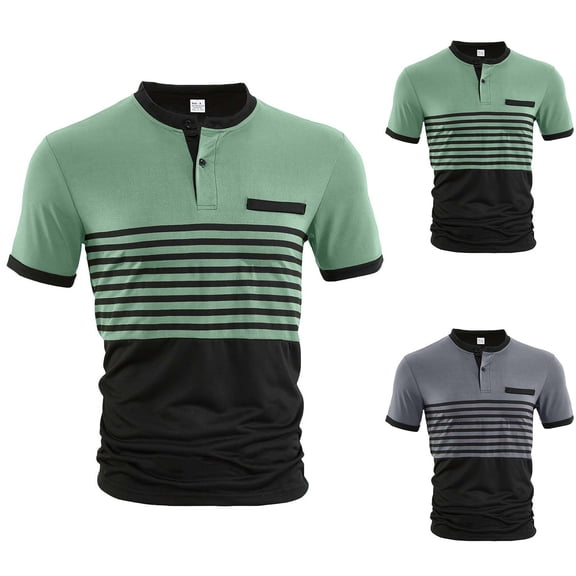 Antinious Men Stripe Print Short Sleeve Collared Summer Casual Dress Shirts