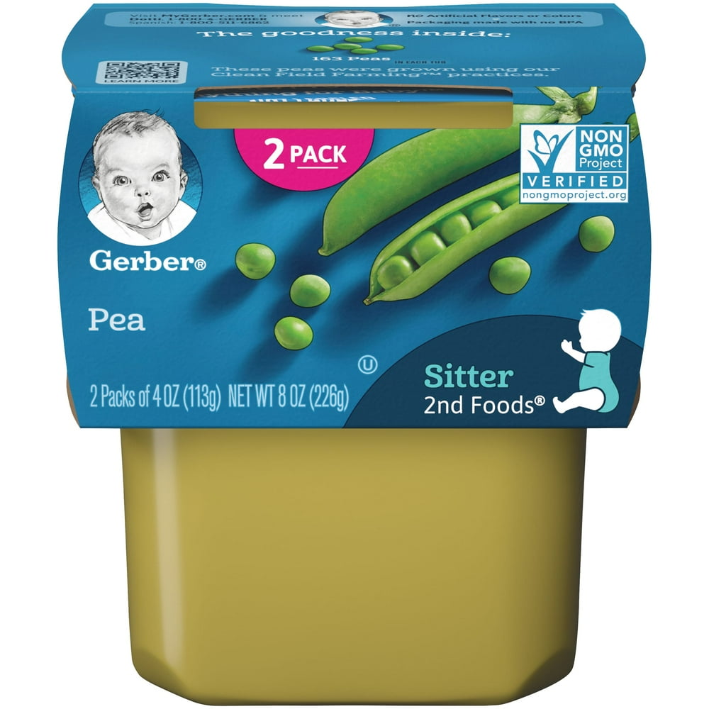 Gerber 2nd Foods Pea Baby Food, 4 oz Tubs, 2 Count (Pack of 8