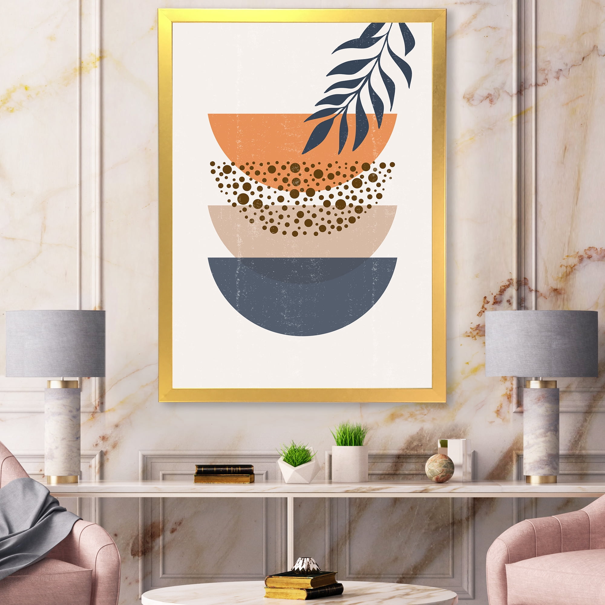 Designart 'Abstract Geometrical Moon and Sun With Leaf IV' Modern Framed Art Print