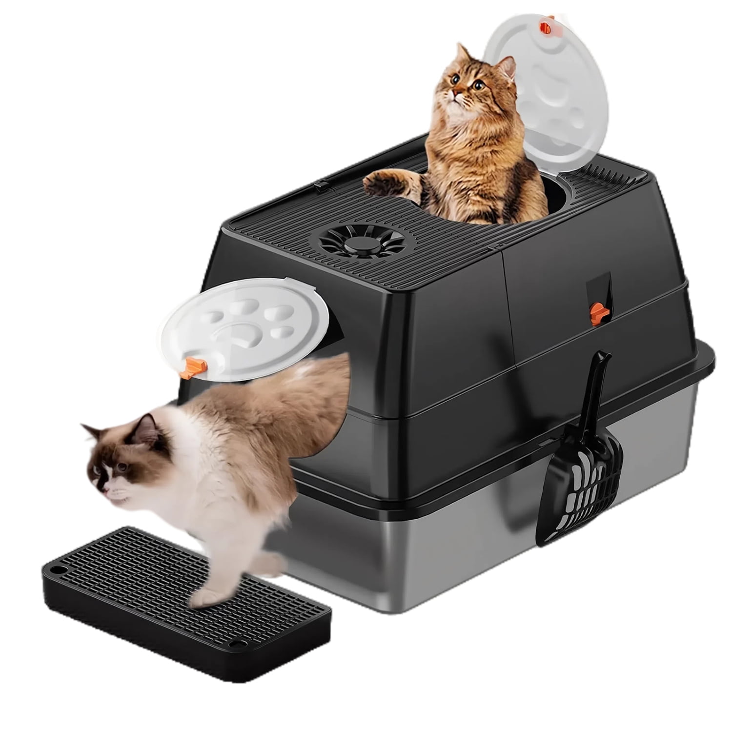 Stainless Steel Litter Box with Lid, 135° Flip-Top Extra Large Cat Litter Pan, Enclosed Metal Litter Box with Litter Scoop & Filter Pedal, Anti-Leakage, Odor Free, Front & Top Dual Entry