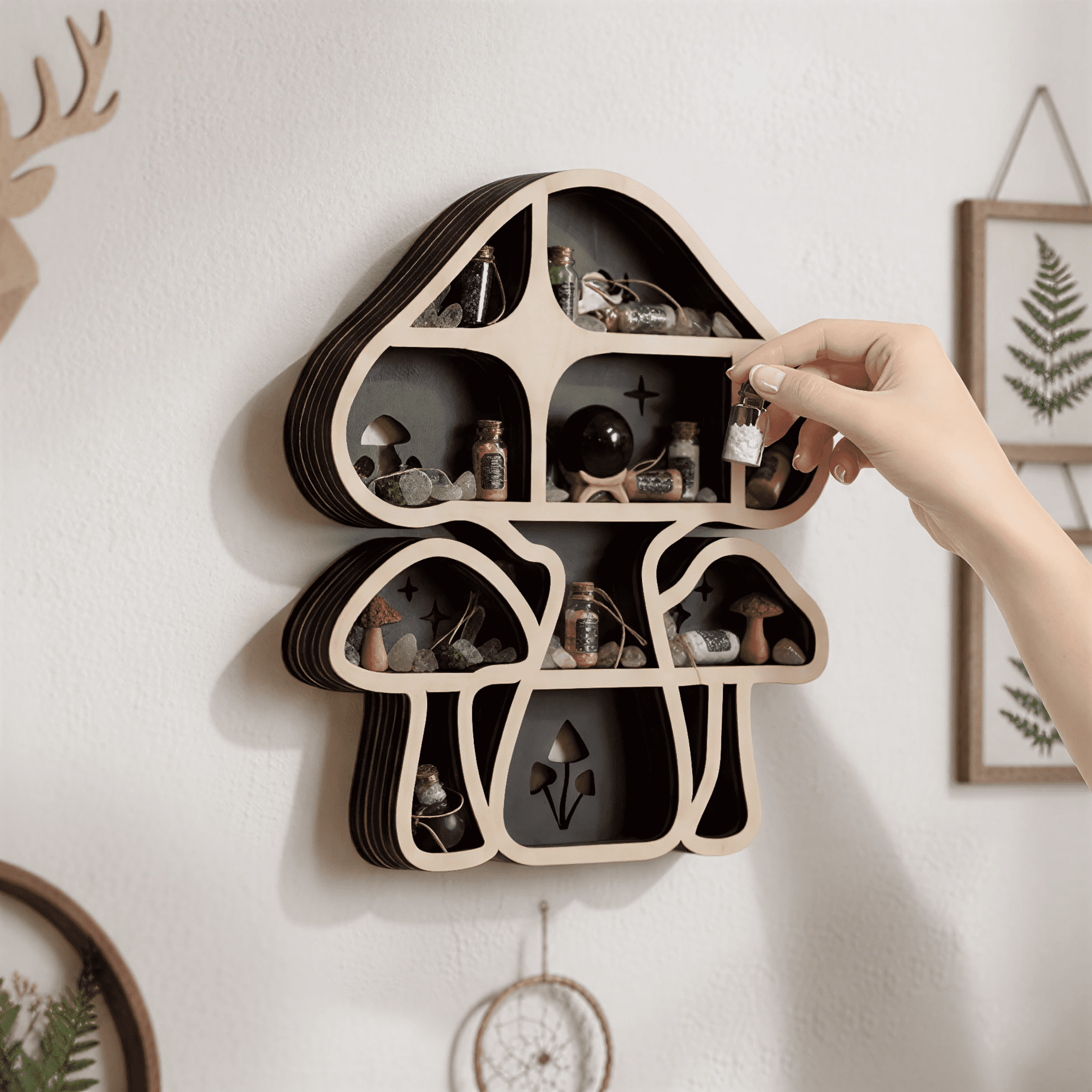 LED Mushroom Decor Cute Mushroom Floating Shelves, Crystal Shelf Display for Wall, Rock Gem Stone Storage Organizer, Trinkets Holder, Knick Knack Shelf, Mushroom Item, Unique Gift for Mushroom Lovers