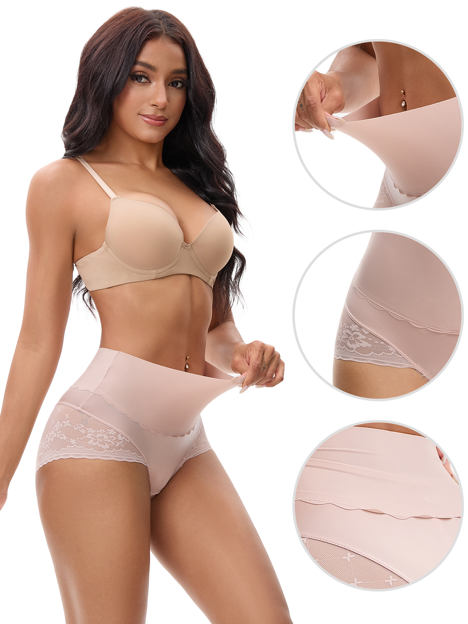 Unique Bargains High Waisted Lace Trimmed Underwear L Beige