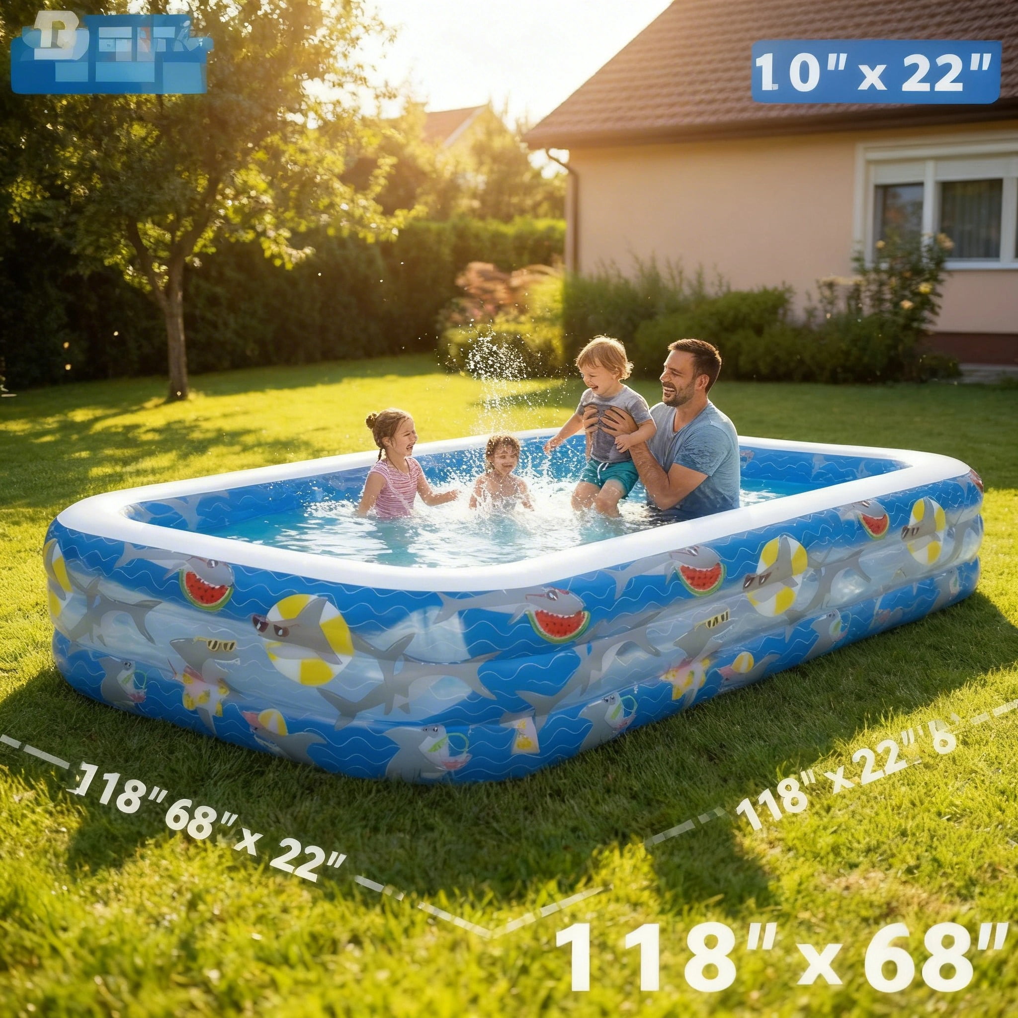 WaterCube Inflatable Kiddie Pool Shark Pattern 3-Ring Rectangular BPA-Free 9.8' x 5.7' x 1.8'