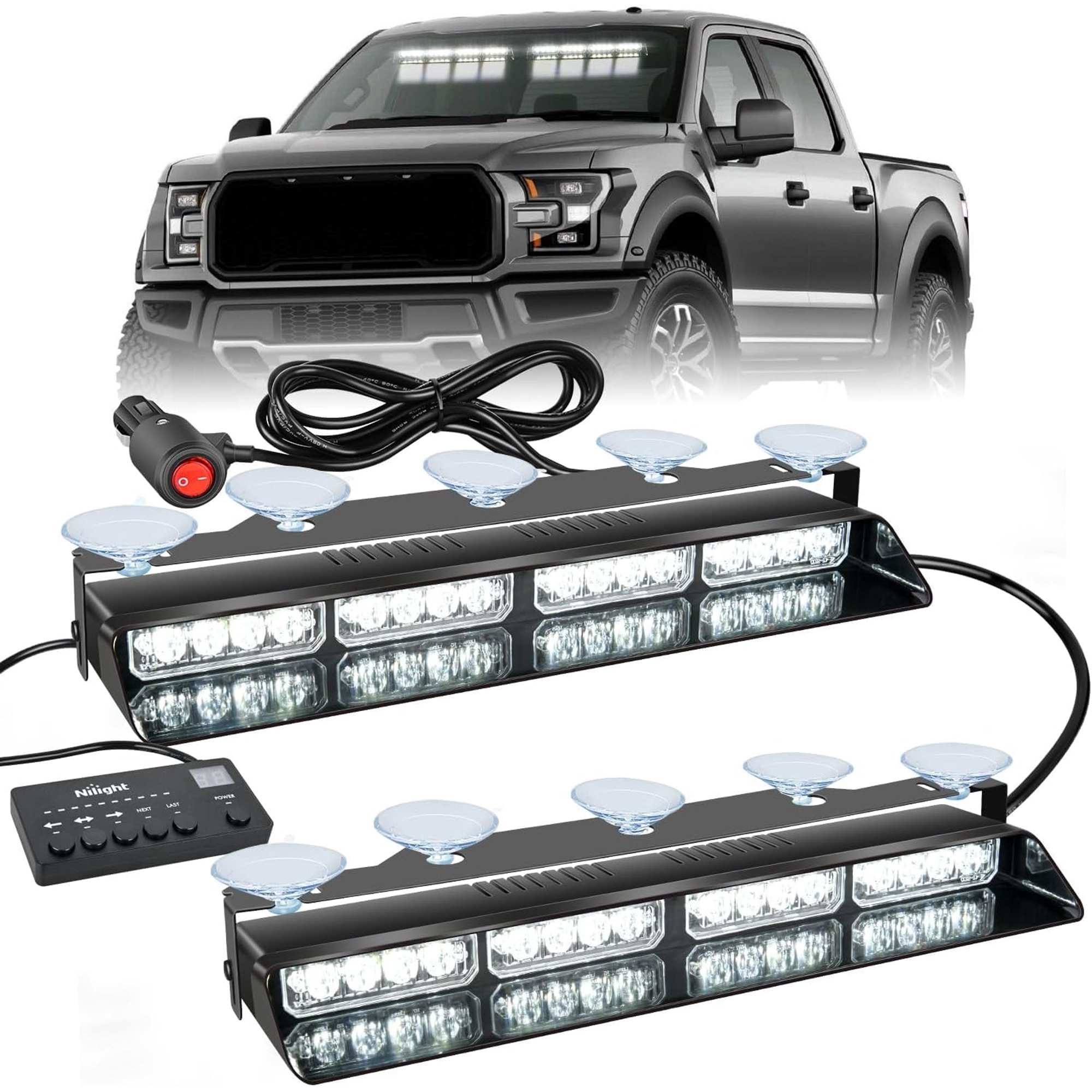 Nilight 32Led White Emergency Dash Strobe Lights with Controller Suction Cups Warning Hazard Interior Front/Rear Windshield Deck Split Light Bar for Trucks