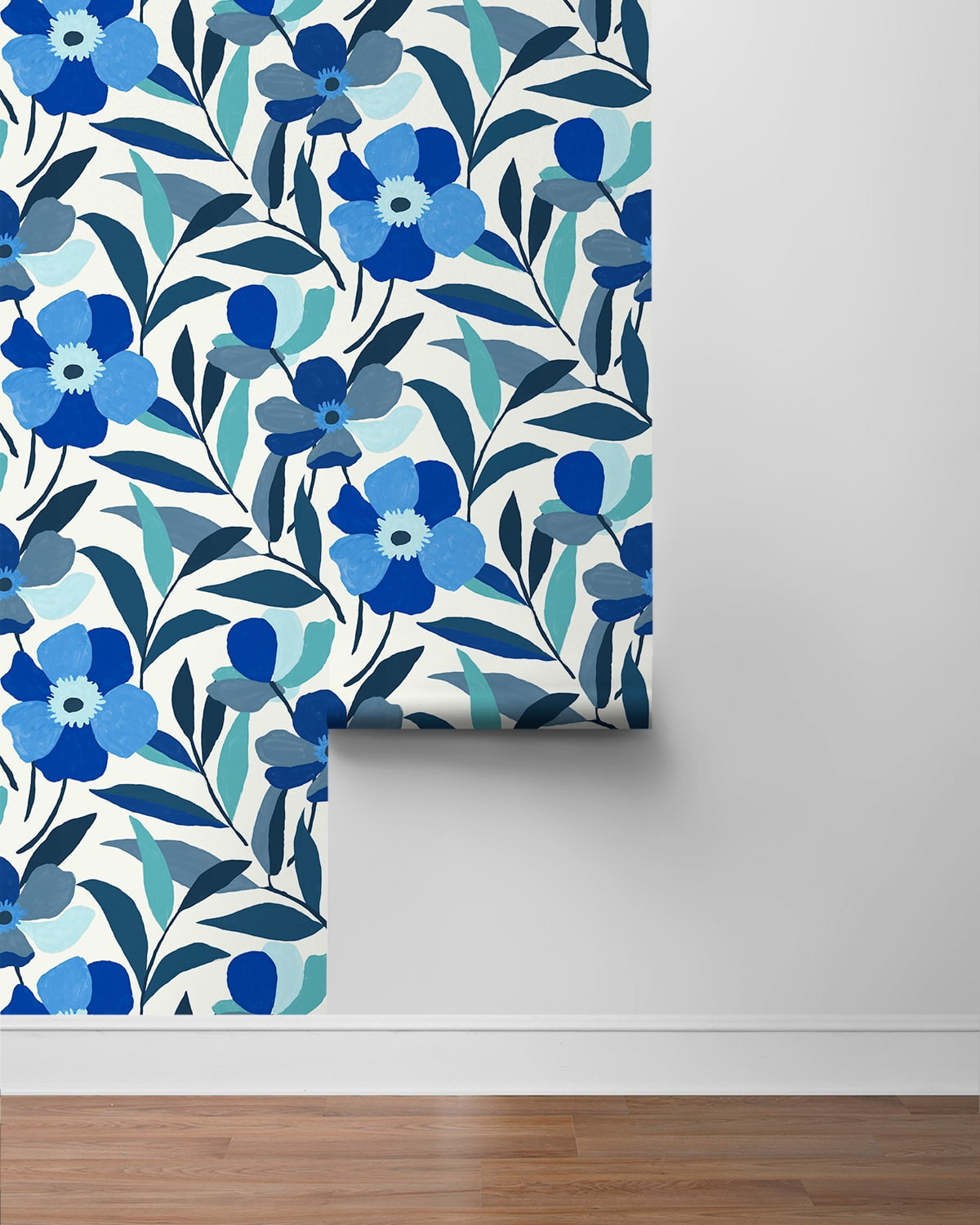 NextWall Cobalt Blue & Lagoon Garden Block Floral Peel and Stick Wallpaper