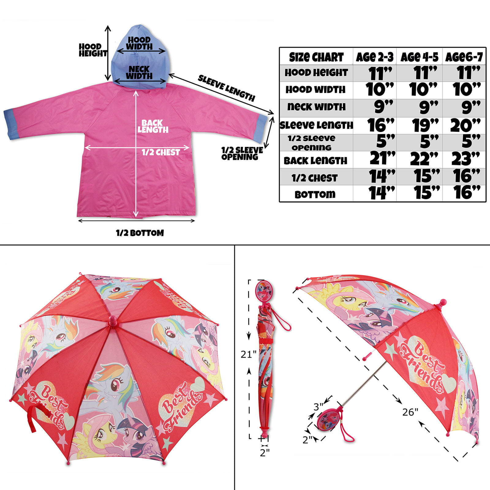 Age 2-7 Hasbro Little Girls My Little Pony Slicker and Umbrella Rainwear Set 