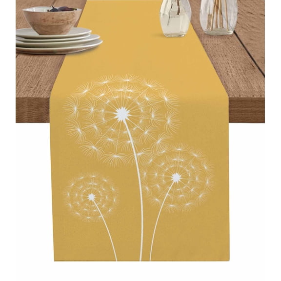 Yellow Dandelion Table Runner Cotton Linen 90 Inch Holiday Dresser Scarves, Simple Floral Botanical Tablerunner for Kitchen Coffee Dining Bedroom Home Living Room Dinner Scarf Décor 13''x90''