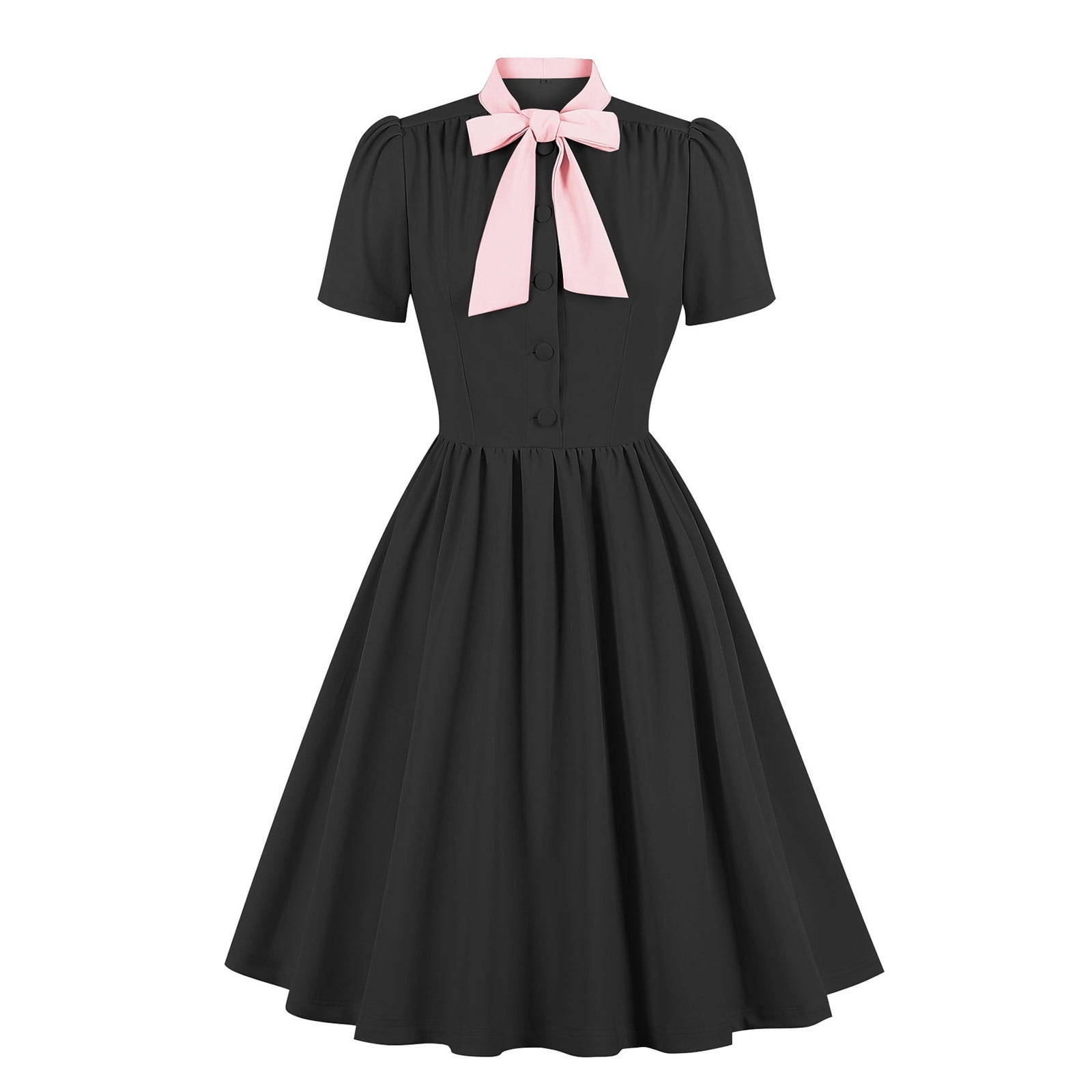 BiZtdJrK 1950s Dresses for Women Halloween Costumes Cute Bow Short Sleeve Dresses Vintage Pleated Midi Skirt Cocktail Party Dresses Lightning Sale Black