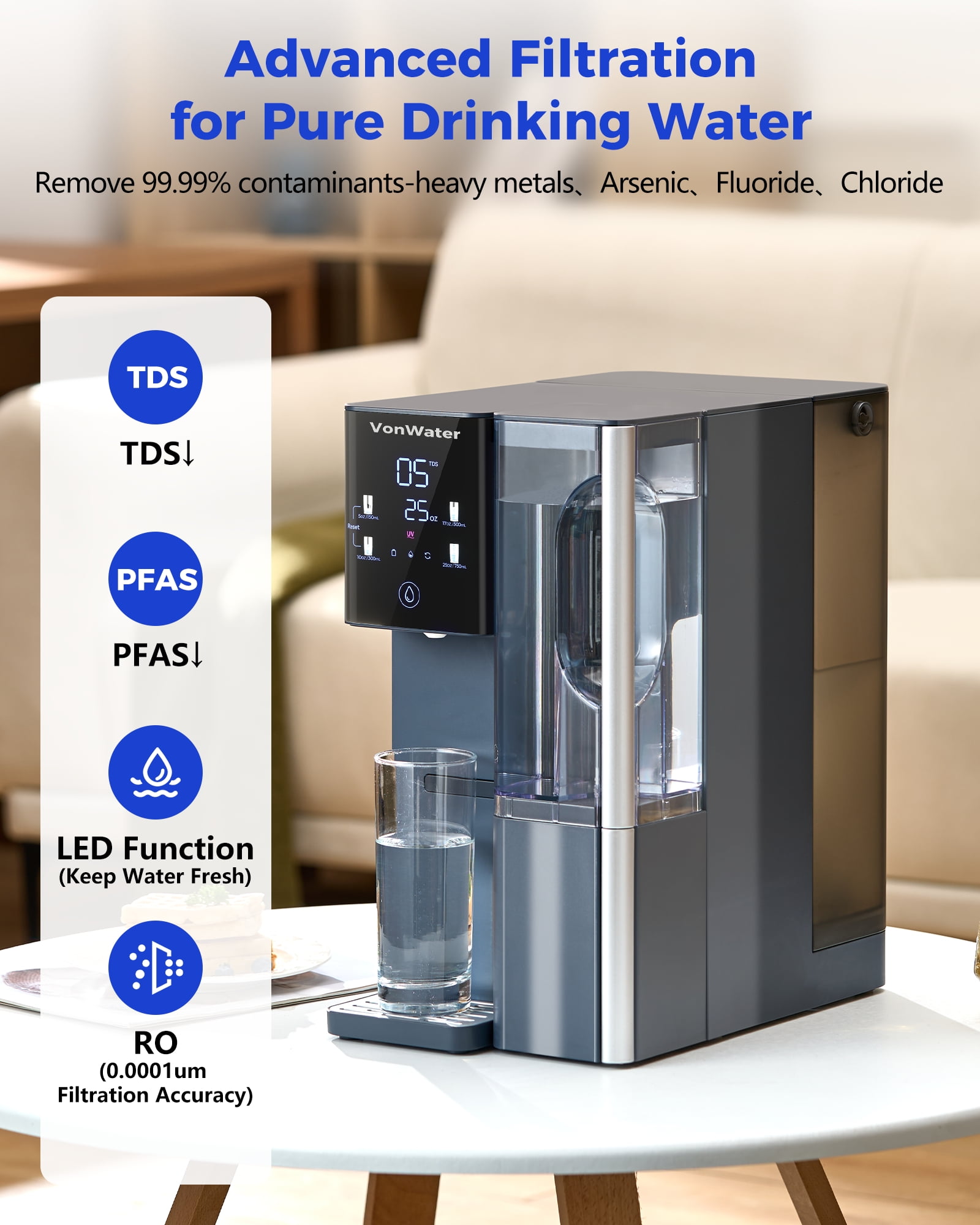 VonWater CT910 Countertop Reverse Osmosis Water Filter System, 7-Stage RO Water Filtration System, 528 Gallons Water Purifier, NSF/ANSI 372, Reduce TDS PFAS, No Installation