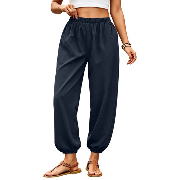 Yifymode Women Barrel Pants Wide Leg Palazzo Summer Baggy Harem Boho Casual Trousers with Pockets Beach Vacation,Dark Blue 2XL