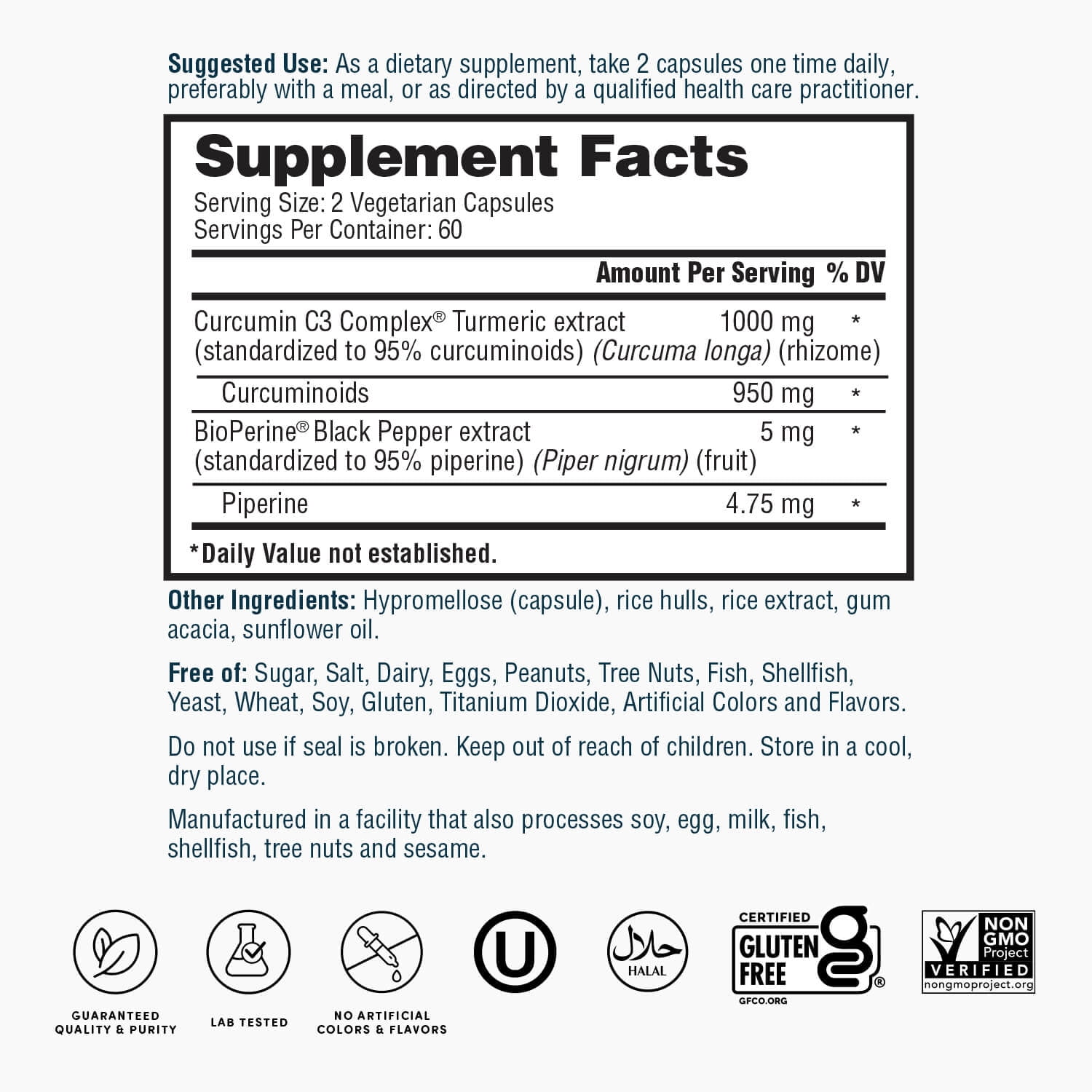 Nature's Lab Turmeric Curcumin C3 Complex 1000mg - 120 Capsules (60 Day Supply) - Turmeric Extract 1000mg & BioPerine 5mg Standardized to 95%, Promotes Cardiovascular, Immune, Joint, Skin Health*