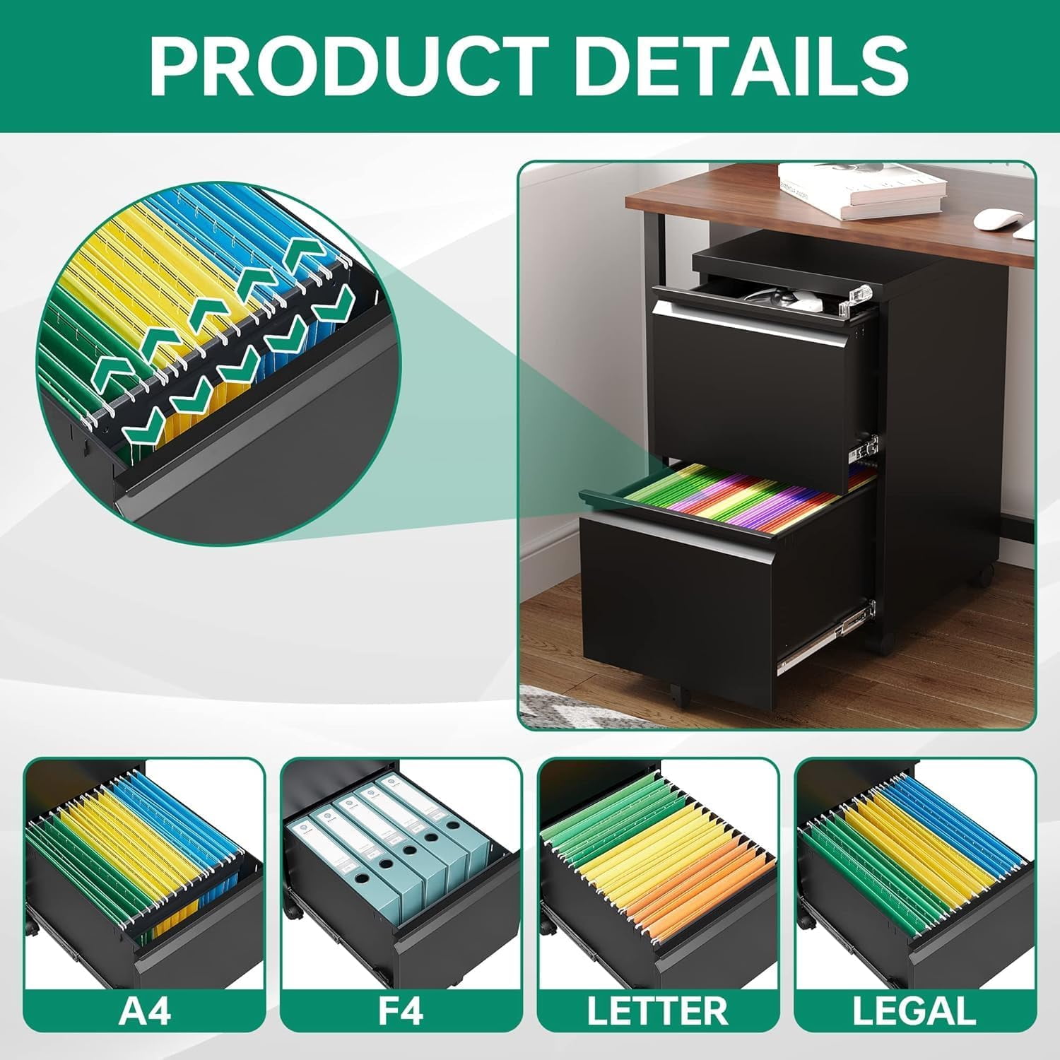 2 Drawer Mobile File Cabinet with Lock, Under Desk Metal Rolling Filing Cabinets for Home Office Organizer Letters/Legal/A4 (Black- Requires Installation)