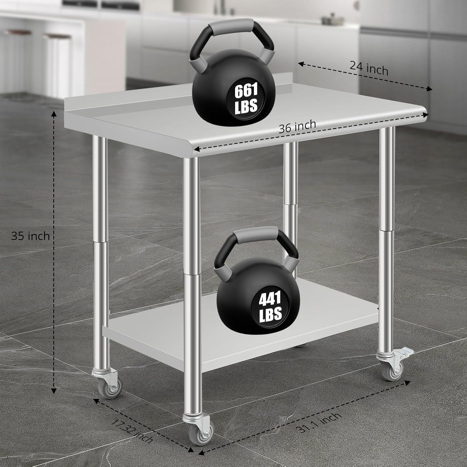 Kselythan Stainless Steel Table,Heavy Duty 2 Tier Worktable with Casters Backsplash Food Preparation Stainless Steel Table,Metal Prep Table for Kitchen Restaurant Commercial Workstation