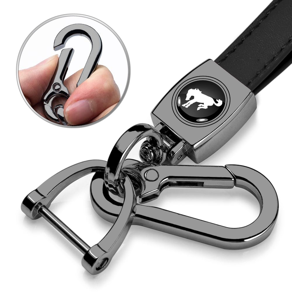 iPick Image for Ford Bronco Logo in Black on Black Leather Loop-Strap Dark Gunmetal Hook Key Chain, Official Licensed