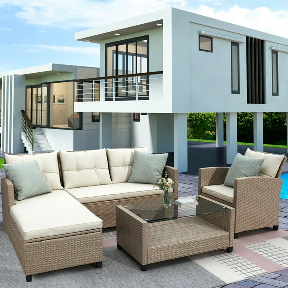 SEGMART Patio Rattan Sectional Couch Set, 4 Piece Outdoor Wicker Furniture Set, Elegant Cushioned Sofa Set, Conversation Chair Set with Storage Box & Table for Backyard, Lawn, Poolside, B896