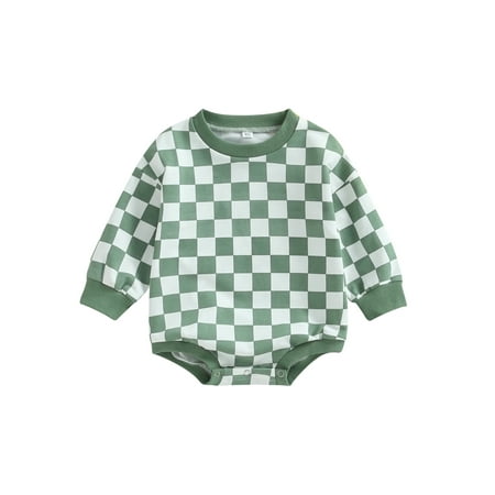 

Newborn Baby Boy Girl Romper Sweatshirt Long Sleeve Bodysuit Checkerboard Print Pullover