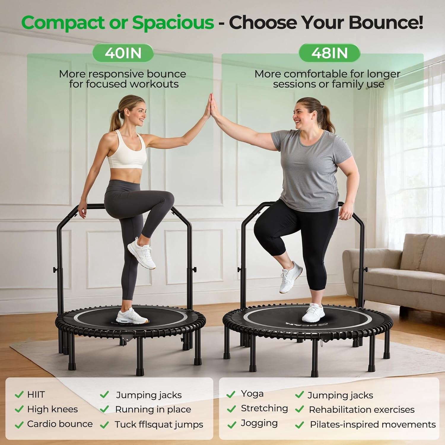 BCAN BT2 48-Inch Adult Mini Rebounder Trampoline, 550-pound weight capacity, adjustable handrails, and a Silent Resistance Band Design, suitable for indoor and outdoor home workouts