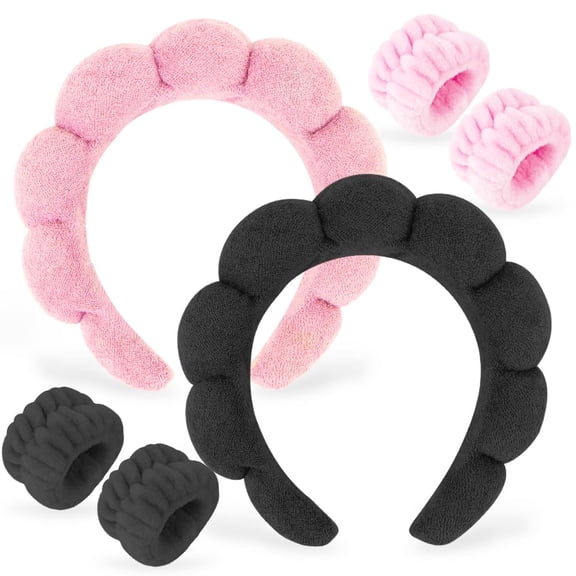 2 Set Spa Headbands with Wristbands for Face Washing, Terry Cloth Skincare Hair Bands, Fluffy Makeup Head Wrap, 2 Headbands and 4 Wristbands