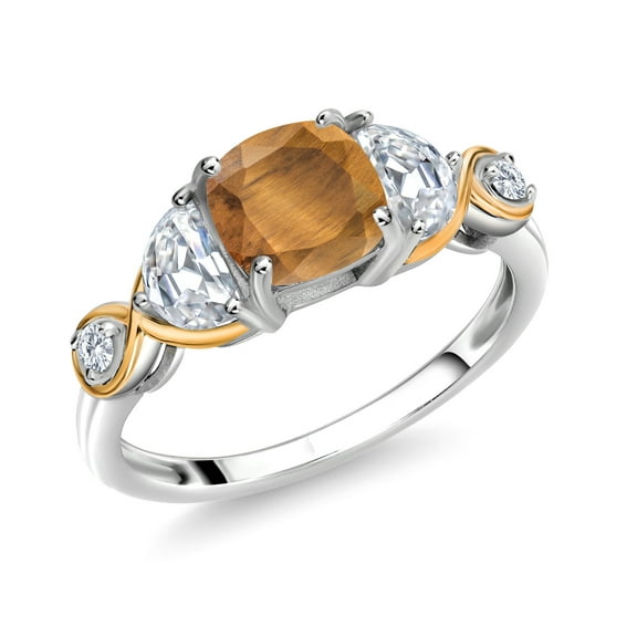 Gem Stone King 925 Silver and 10K Yellow Gold 3-Stone Ring Cushion Tiger Eye Half Moon Moissanite and Lab Grown Diamond (1.66 Carat Cttw, Size 7)