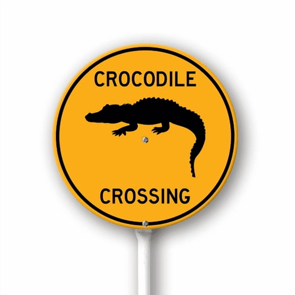 Eveokoki Crocodile Crossing Round Sign with Metal Stake -9.2x9.2inch Lawn Sturdy Aluminum Signs for Outdoor Use Waterproof Sign Outdoor Decor for Lawn Yard Garden