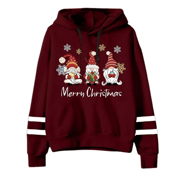 Women's Christmas Doll Snowflake Print Hoodie Long Sleeve Pullover Sweatshirt