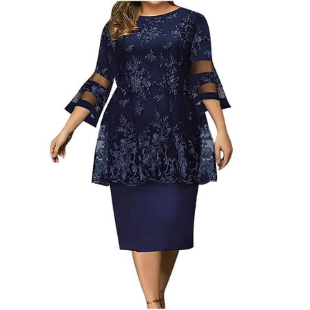 

YanHoo Women s Plus Size Dresses Sexy Mesh Half Sleeve Knee Length Dress Loose Casual Print Evening Dress