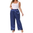 thumbnail image 2 of Agnes Orinda Women's Plus Size Lounge Pants Satin Lace Trim Elastic Soft Wide Leg Sleepwear Pajama Pants 1X Royal Blue, 2 of 6
