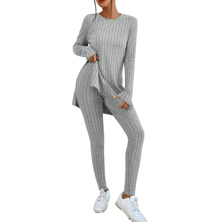 YUHAOTIN Female Womens Pants Suits Dressy Casual Plus Size 2024 Two Piece Outfits Set Long Sleeve Crew Neck Slit Hem Tee Shirt High Waist Pants Tracksuit Night Out Outfit for Women Tulum Outfits Women