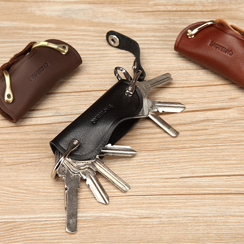 Smart Key Wallet Genuine DIY Leather Keychain Barrel Shaped EDC Pocket Organizer