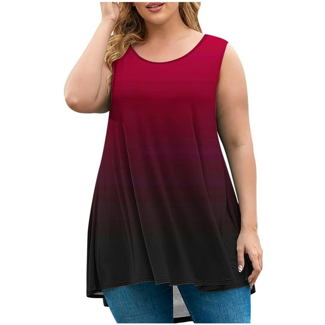 fatyb Débardeurs Grande Taille pour Femmes Dégradé de Couleur Sans Manches Tunique Fluide Décontractée Col Rond Blouses Amples