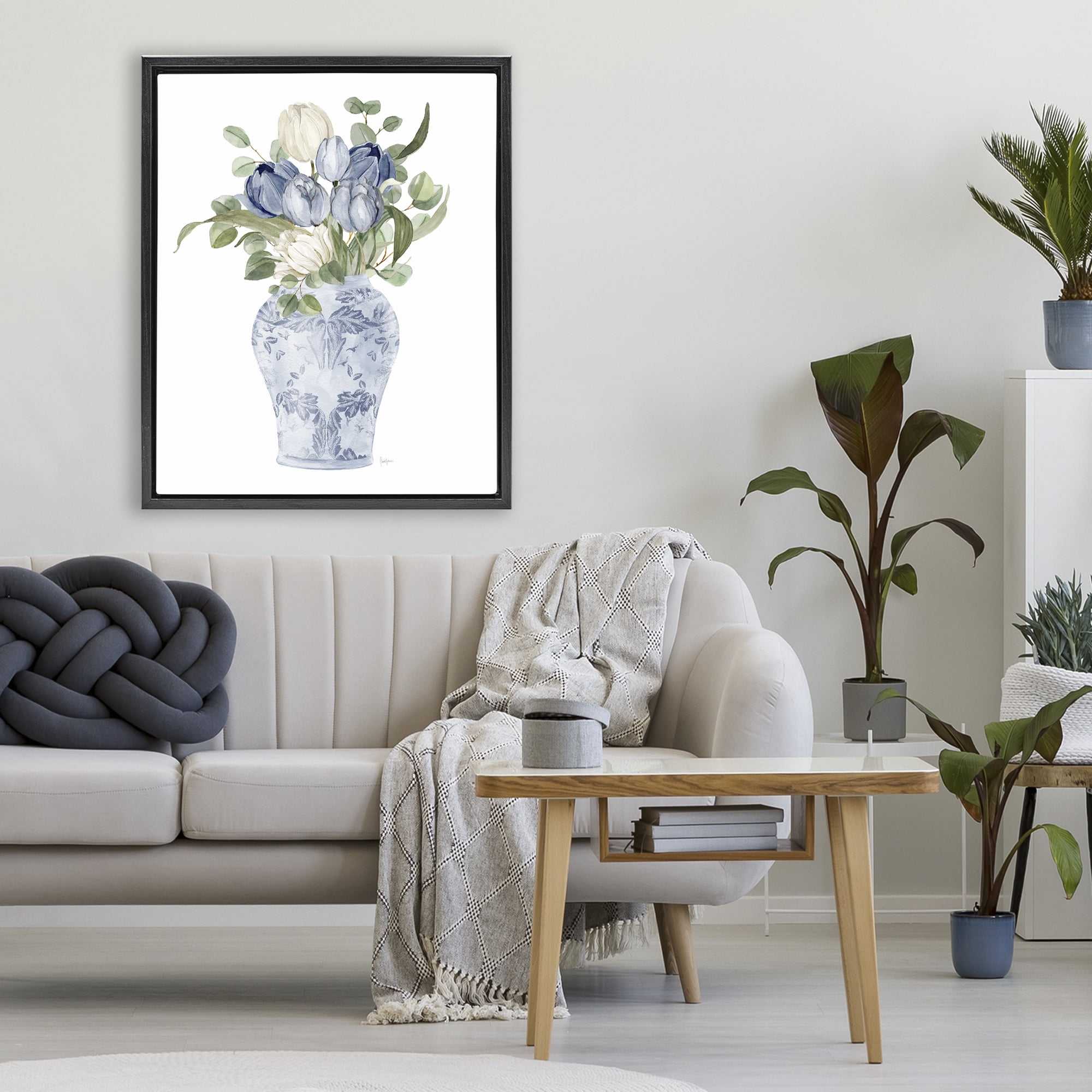 Stupell Industries Tulips & Leaves Vase Black Framed Floater Canvas Wall Art, design by Livi Finn